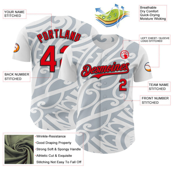 Custom White Fire Red Silver-Black 3D Polynesian Style Islander Authentic Baseball Jersey