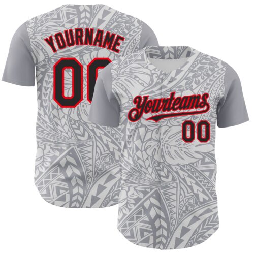Custom Gray Black White-Fire Red 3D Polynesian Style Palm Leaves Islander Authentic Baseball Jersey