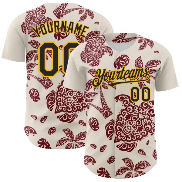 Custom Cream Black Crimson-Gold 3D Polynesian Style Palm Trees Islander Authentic Baseball Jersey