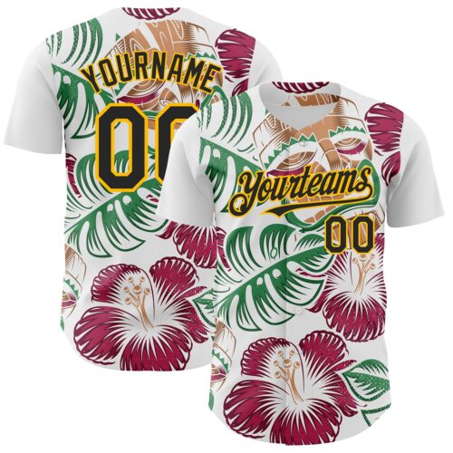 Custom White Black-Gold 3D Polynesian Style Tiki Culture Palm Leaves Islander Authentic Baseball Jersey