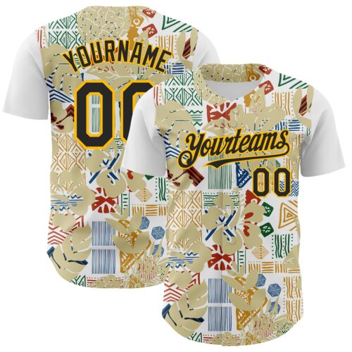 Custom White Black-Gold 3D Polynesian Style Palm Leaves Islander Authentic Baseball Jersey