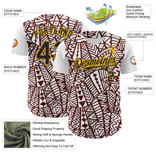 Custom White Black Brown-Gold 3D Polynesian Style Islander Authentic Baseball Jersey