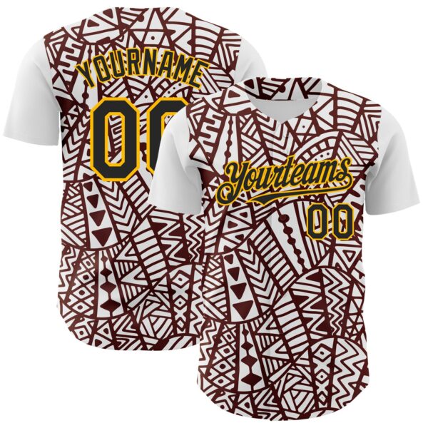 Custom White Black Brown-Gold 3D Polynesian Style Islander Authentic Baseball Jersey