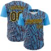 Custom Sky Blue Black Brown-Gold 3D Polynesian Style Islander Authentic Baseball Jersey