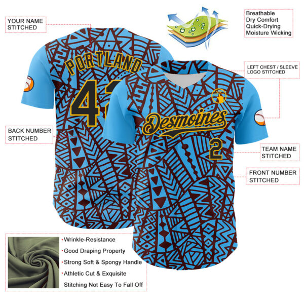 Custom Sky Blue Black Brown-Gold 3D Polynesian Style Islander Authentic Baseball Jersey