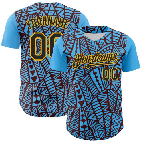 Custom Sky Blue Black Brown-Gold 3D Polynesian Style Islander Authentic Baseball Jersey