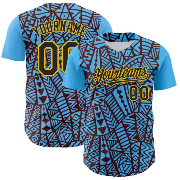 Custom Sky Blue Black Brown-Gold 3D Polynesian Style Islander Authentic Baseball Jersey