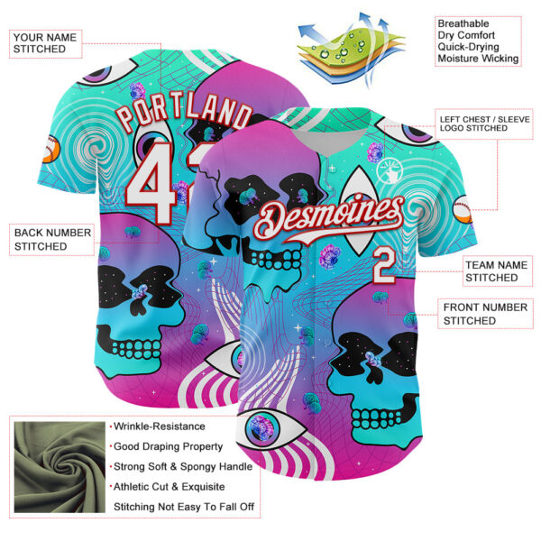 Custom Blue White-Red 3D Pattern Design Trippy Magic Mushrooms Skull Authentic Baseball Jersey