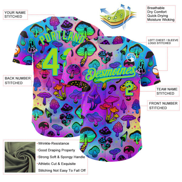 Custom Purple Neon Green-Lakes Blue 3D Pattern Design Trippy Psychedelic Magic Mushrooms Authentic Baseball Jersey