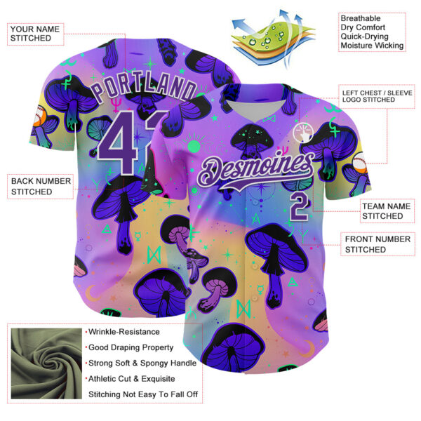 Custom Purple White 3D Pattern Design Trippy Psychedelic Magic Mushrooms Authentic Baseball Jersey