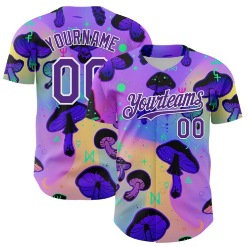 Custom Purple White 3D Pattern Design Trippy Psychedelic Magic Mushrooms Authentic Baseball Jersey