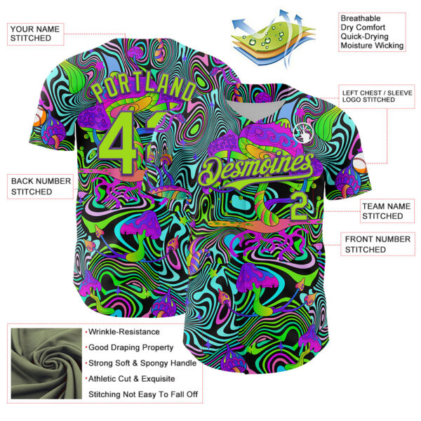 Custom Purple Neon Green 3D Pattern Design Trippy Groovy Magic Mushrooms Authentic Baseball Jersey