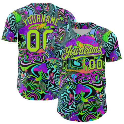 Custom Purple Neon Green 3D Pattern Design Trippy Groovy Magic Mushrooms Authentic Baseball Jersey