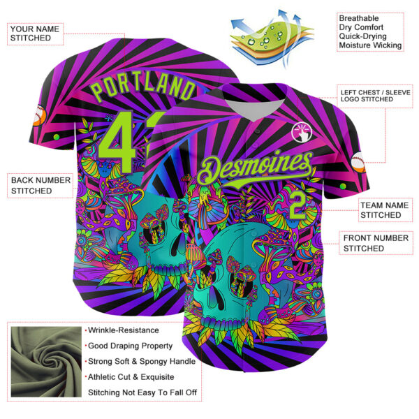 Custom Purple Neon Green 3D Pattern Design Trippy Magic Mushrooms Skull Authentic Baseball Jersey