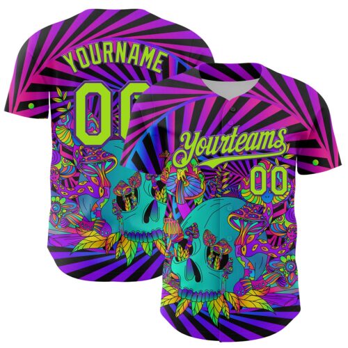 Custom Purple Neon Green 3D Pattern Design Trippy Magic Mushrooms Skull Authentic Baseball Jersey