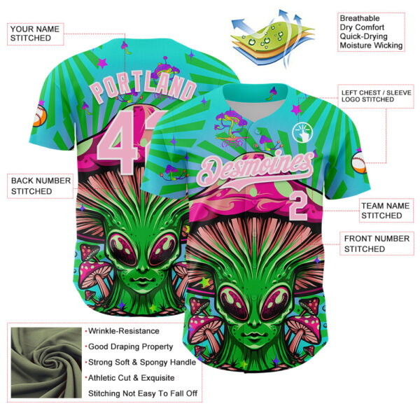 Custom Blue Light Pink-White 3D Pattern Design Trippy Magic Mushrooms Alien Authentic Baseball Jersey