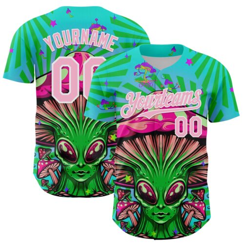 Custom Blue Light Pink-White 3D Pattern Design Trippy Magic Mushrooms Alien Authentic Baseball Jersey