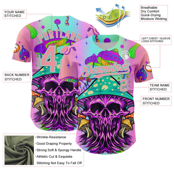 Custom Purple Medium Pink-Ice Blue 3D Pattern Design Trippy Magic Mushrooms Skull Authentic Baseball Jersey