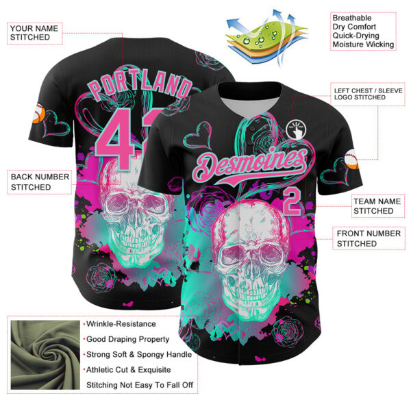 Custom Black Pink-Ice Blue 3D Pattern Design Trippy Magic Mushrooms Skull Authentic Baseball Jersey