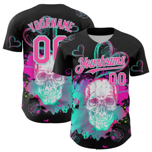 3DPattern7966 Custom Black Pink-Ice Blue 3D Pattern Design Trippy Magic Mushrooms Skull Authentic Baseball Jersey