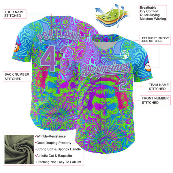 Custom Blue Medium Purple-Ice Blue 3D Pattern Design Trippy Magic Mushrooms Skull Authentic Baseball Jersey