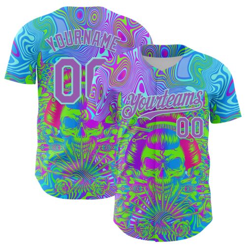 Custom Blue Medium Purple-Ice Blue 3D Pattern Design Trippy Magic Mushrooms Skull Authentic Baseball Jersey