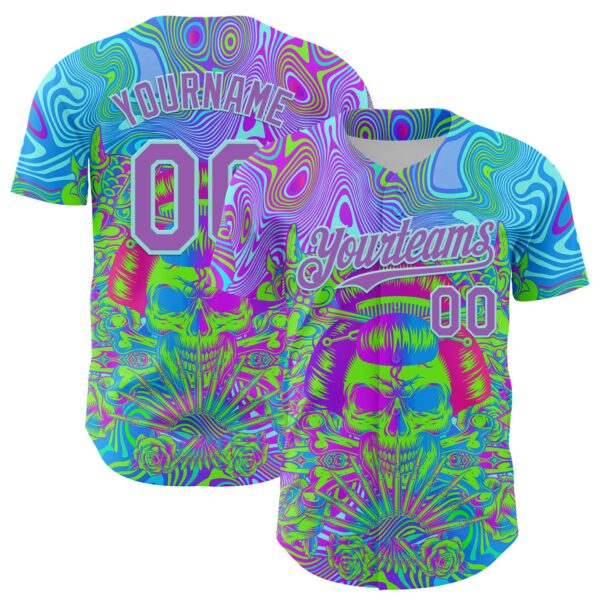 Custom Blue Medium Purple-Ice Blue 3D Pattern Design Trippy Magic Mushrooms Skull Authentic Baseball Jersey