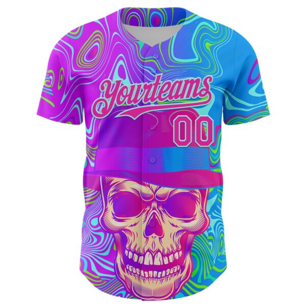 Custom Blue Deep Pink-Ice Blue 3D Pattern Design Trippy Magic Mushrooms Skull Authentic Baseball Jersey