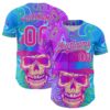 Custom Blue Deep Pink-Ice Blue 3D Pattern Design Trippy Magic Mushrooms Skull Authentic Baseball Jersey