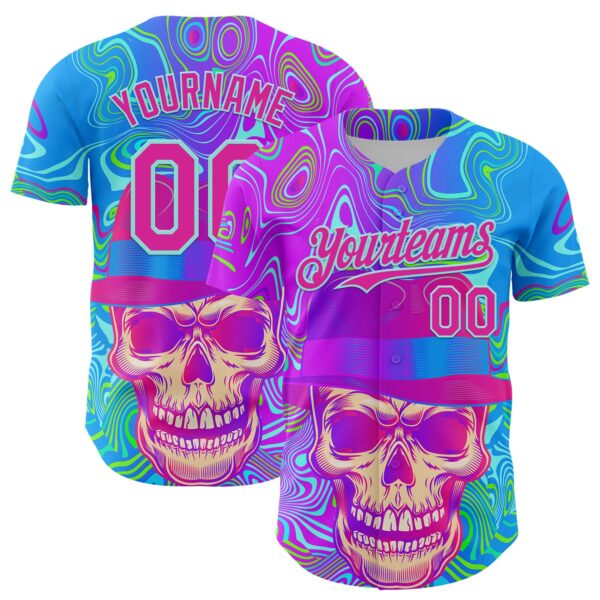 Custom Blue Deep Pink-Ice Blue 3D Pattern Design Trippy Magic Mushrooms Skull Authentic Baseball Jersey