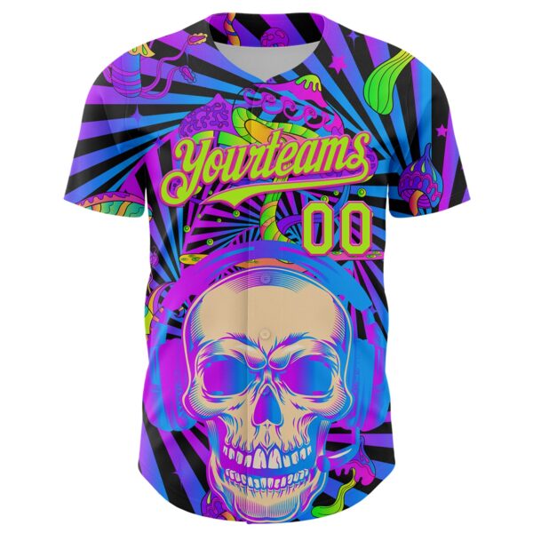 Custom Purple Neon Green-Deep Pink 3D Pattern Design Trippy Magic Mushrooms Skull Authentic Baseball Jersey