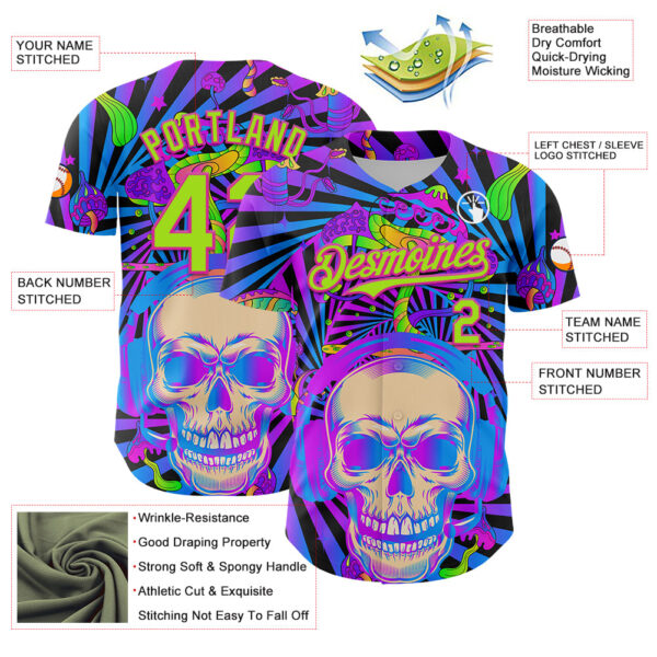 Custom Purple Neon Green-Deep Pink 3D Pattern Design Trippy Magic Mushrooms Skull Authentic Baseball Jersey