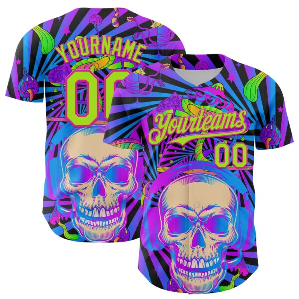 Custom Purple Neon Green-Deep Pink 3D Pattern Design Trippy Magic Mushrooms Skull Authentic Baseball Jersey