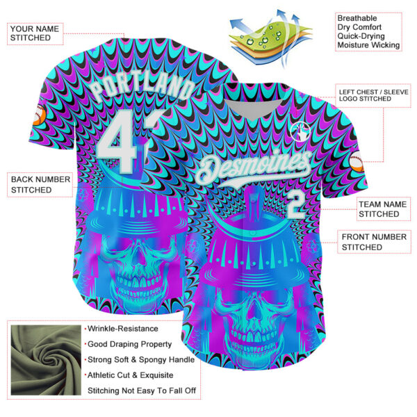 Custom Purple White-Ice Blue 3D Pattern Design Trippy Magic Mushrooms Skull Authentic Baseball Jersey
