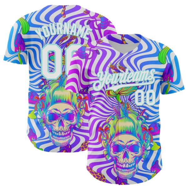 Custom Purple White-Ice Blue 3D Pattern Design Trippy Magic Mushrooms Skull Authentic Baseball Jersey