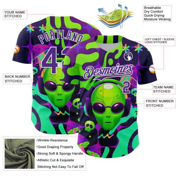 Custom Black Purple-White 3D Pattern Design Trippy Skull Alien Authentic Baseball Jersey