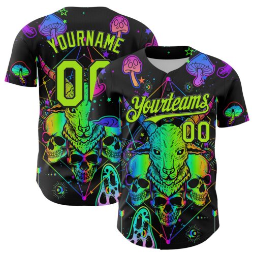 3DPattern7982 Custom Black Neon Green 3D Pattern Design Trippy Magic Mushrooms Goat Skull Authentic Baseball Jersey