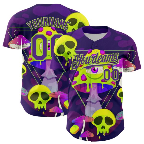 Custom Black Purple-Neon Green 3D Pattern Design Trippy Magic Mushrooms Skull Authentic Baseball Jersey