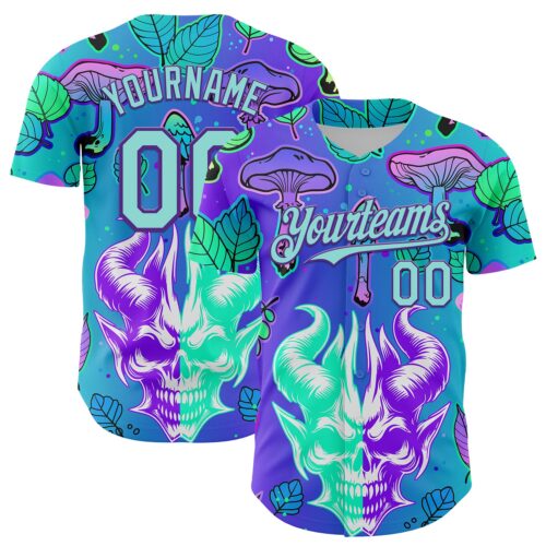Custom Blue Ice Blue-Purple 3D Pattern Design Trippy Magic Mushrooms Demon Skull Authentic Baseball Jersey