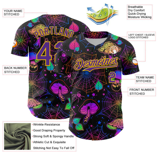 Custom Black Purple-Yellow 3D Pattern Design Trippy Magic Mushrooms Spider Web Authentic Baseball Jersey