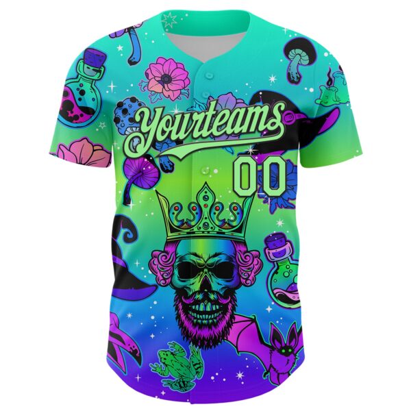 Custom Blue Pea Green-Black 3D Pattern Design Trippy Magic Mushrooms Skull Authentic Baseball Jersey