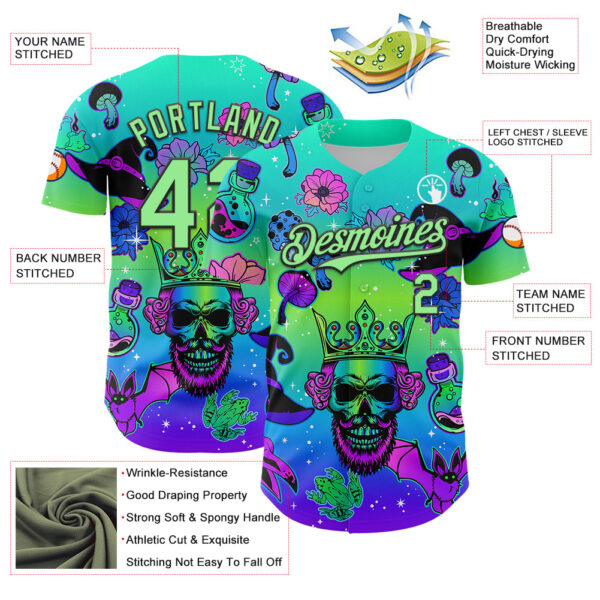 Custom Blue Pea Green-Black 3D Pattern Design Trippy Magic Mushrooms Skull Authentic Baseball Jersey