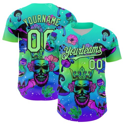 Custom Blue Pea Green-Black 3D Pattern Design Trippy Magic Mushrooms Skull Authentic Baseball Jersey