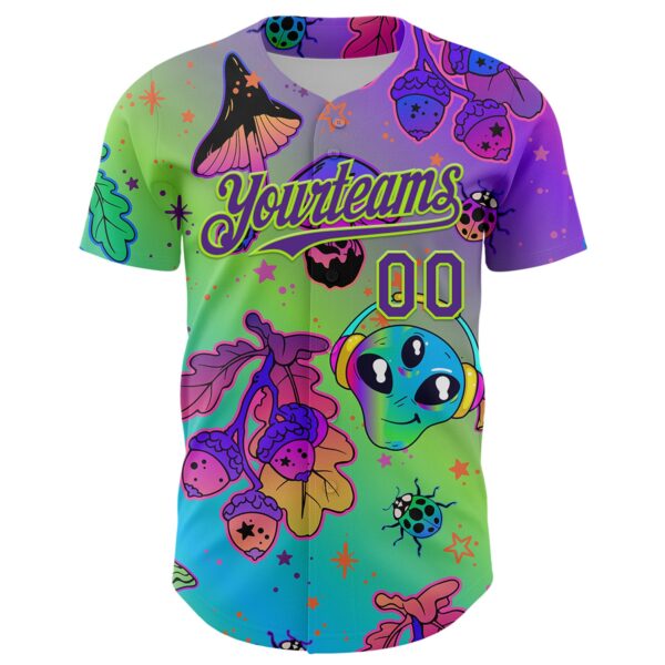 Custom Purple Neon Green 3D Pattern Design Trippy Magic Mushrooms Alien Authentic Baseball Jersey