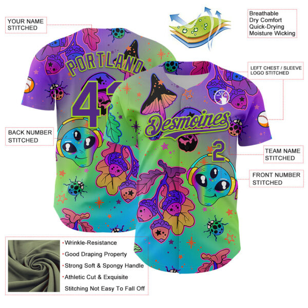 Custom Purple Neon Green 3D Pattern Design Trippy Magic Mushrooms Alien Authentic Baseball Jersey