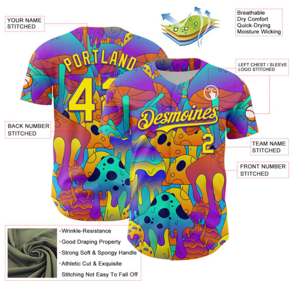 Custom Purple Light Yellow 3D Pattern Design Trippy Magic Mushrooms Trance Authentic Baseball Jersey