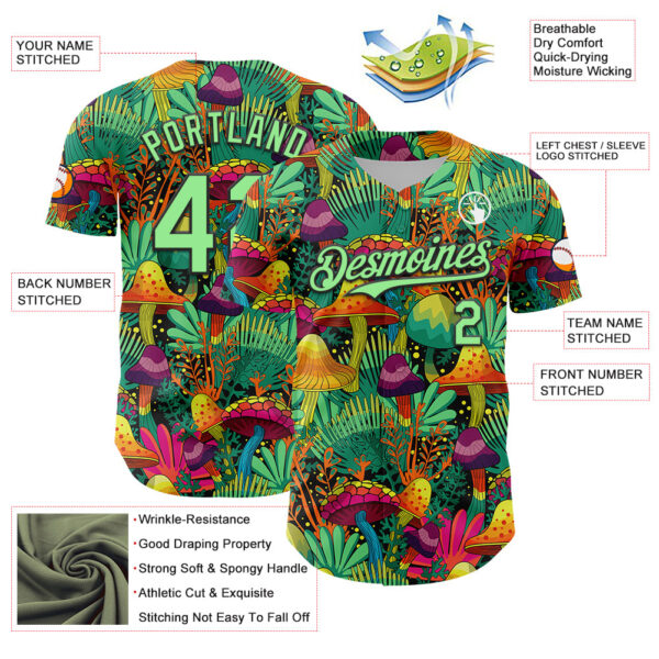 Custom Green Pea Green-Black 3D Pattern Design Trippy Magic Mushrooms Plant Authentic Baseball Jersey