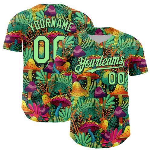 Custom Green Pea Green-Black 3D Pattern Design Trippy Magic Mushrooms Plant Authentic Baseball Jersey