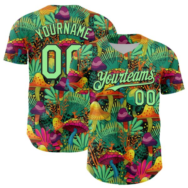 Custom Green Pea Green-Black 3D Pattern Design Trippy Magic Mushrooms Plant Authentic Baseball Jersey