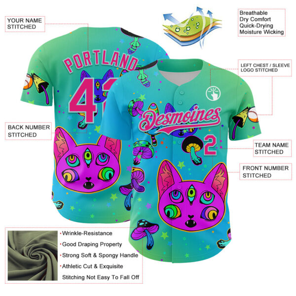 Custom Green Hot Pink-Ice Blue 3D Pattern Design Trippy Magic Mushrooms Cats Authentic Baseball Jersey